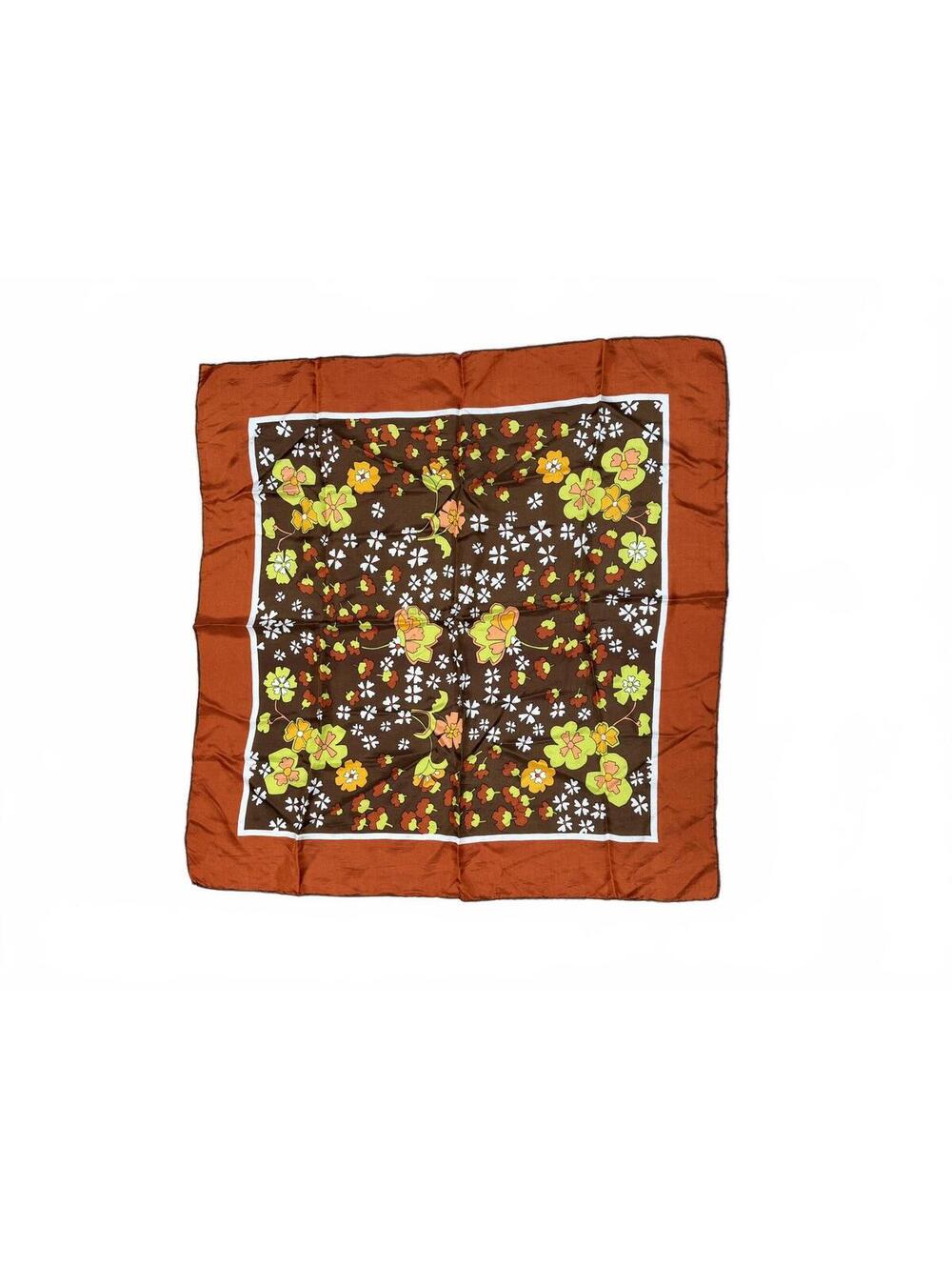 Japan Hand-Rolled Floral Square Scarf Brown Orange Silk Blend
